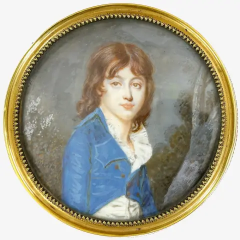Miniature, Périn-Salbreux, Lié Louis (1753 Reims, France - 1817 ibid.) – probablement buste d'un jeune aristocrate en redingote bleue