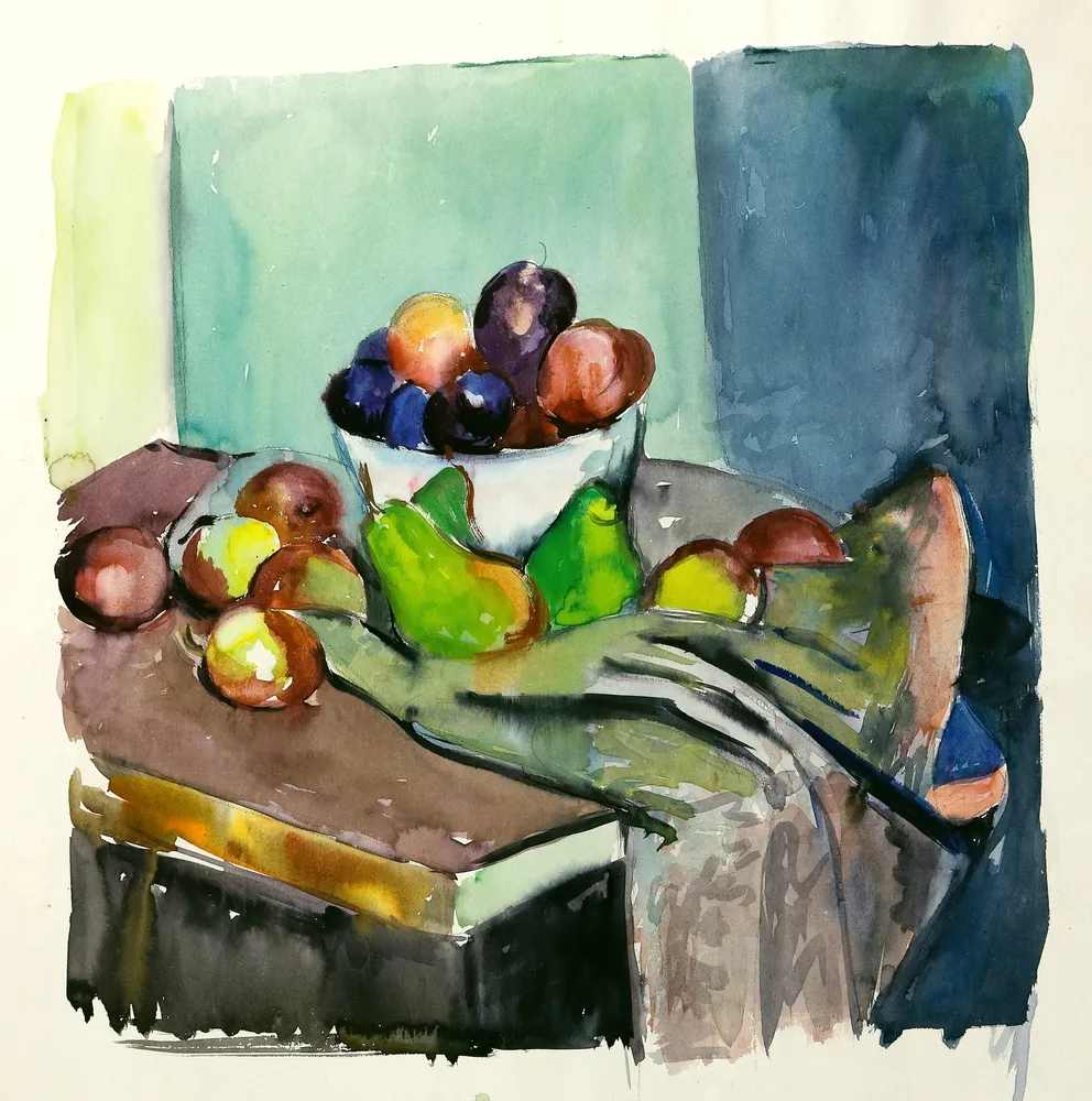 Rágóczy, Joachim (1895 Bonn - 1975 Berlin) – Stillleben mit Früchten, rückseitig mit Landschaft, wohl Thüringen