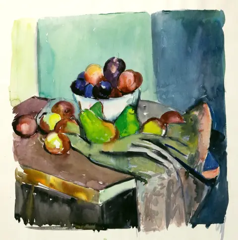 Rágóczy, Joachim (1895 Bonn - 1975 Berlin) – Nature morte aux fruits, au verso paysage, probablement Thuringe