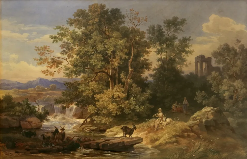 Stiegel, Eduard (1818 Kassel - 1879 ibid.) – Romantic landscape with waterfall, ruin, animals and a boy playing the flute