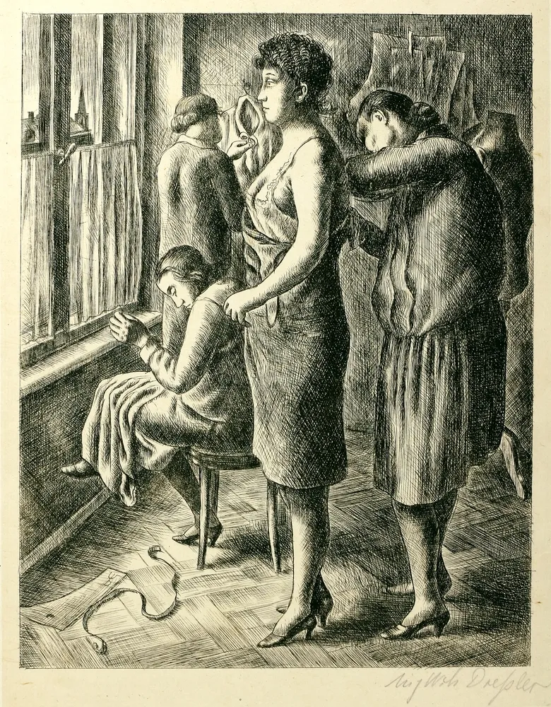 Dressler, August Wilhelm (1886 Bohemia - 1970 Berlin) – The Seamstresses (1924). Etching on strong Japan paper, slightly light-stained