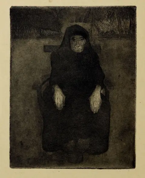Modersohn-Becker, Paula (1876 Drážďany - 1907 Worpswede) – Sitzende Alte, auch Swart war de Nacht