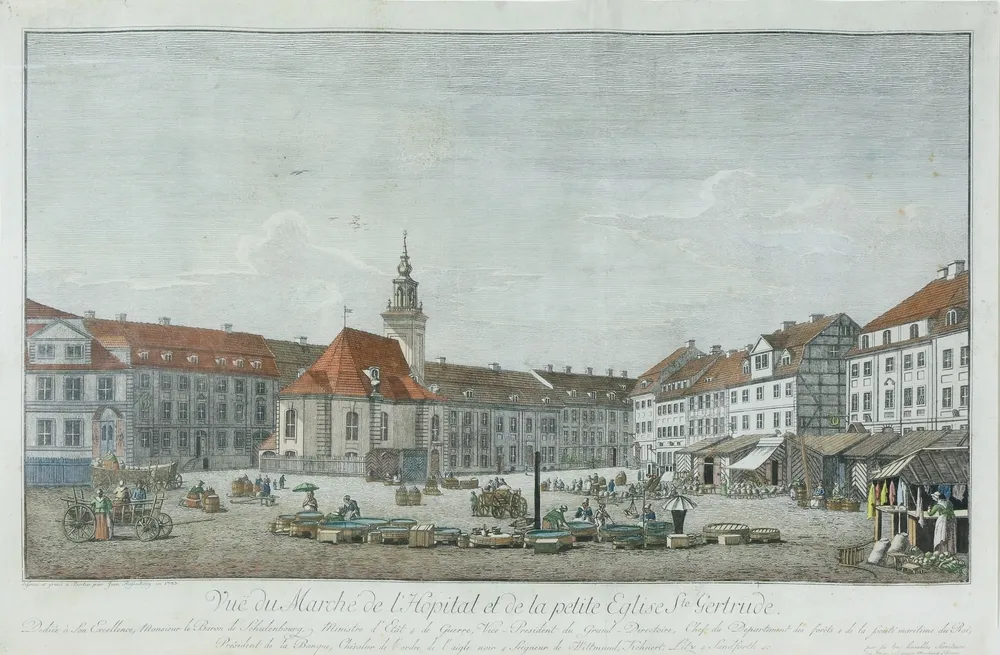 Ansicht, Berlin, Rosenberg, 1783 Vue du Marché de l`Hopital et de la petite Eglise St. Gertrude