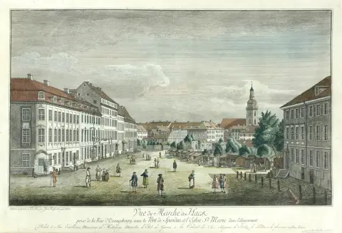 Pohled, Berlín, Rosenberg, 1780 Vue du Marché de Hack prise de la Rue d`Orangebourg, avec le Pont de Spandau, et l`eglise St. Marie dans…