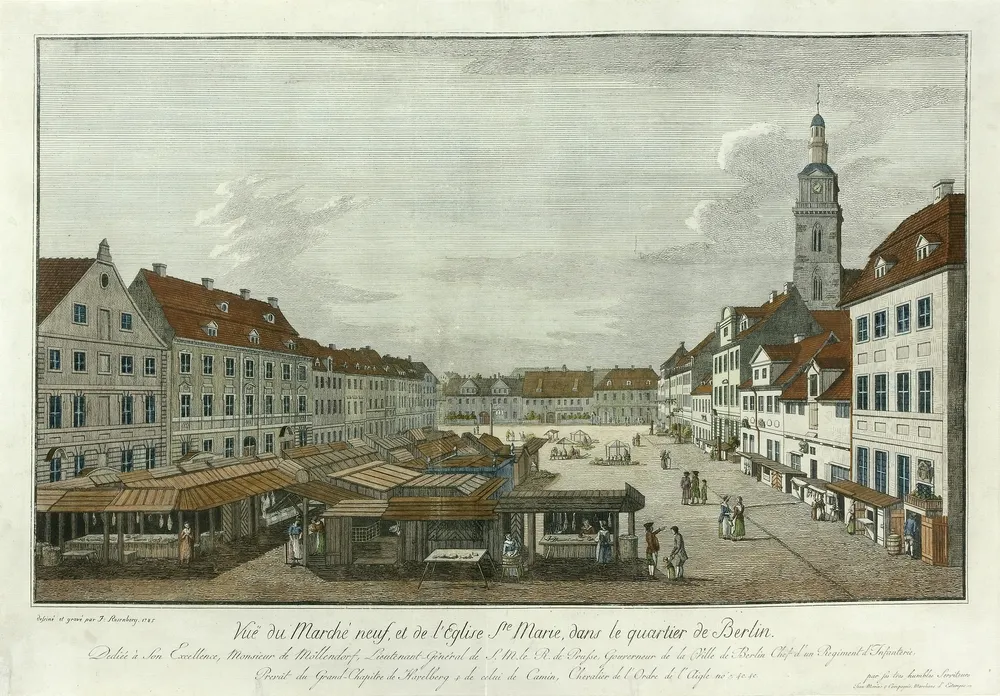 Pohled, Berlín, Rosenberg, 1785 Vue de Marché neuf, et de l`Eglise St. Marie, dans le quartier de Berlin