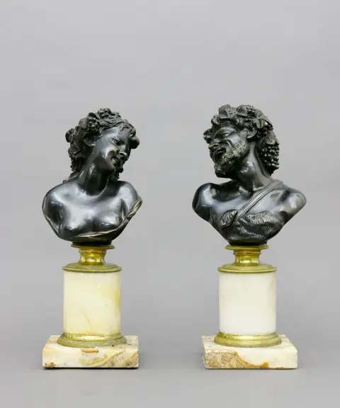 Sculpteur, Italie, vers 1900, pendants Bacchus et Ariane, ornés d'une couronne de pampres et feuilles de vigne