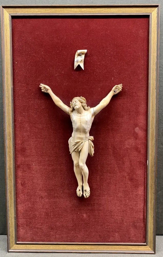 Crucifix, ivory, probably France, late 18th c. Christ in four-nail type, fully sculpted, arms attached