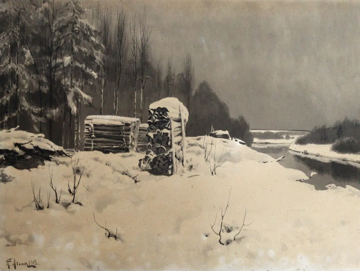 Winterlandschaft. – Tusche auf Papier, auf Karton aufkaschiert