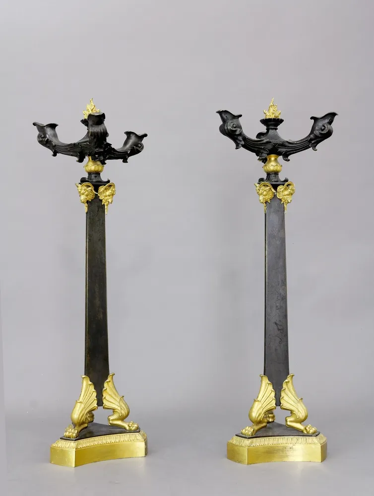 Pair of candlesticks, candelabra, bronze, probably France, 19th c., gilt and patinated