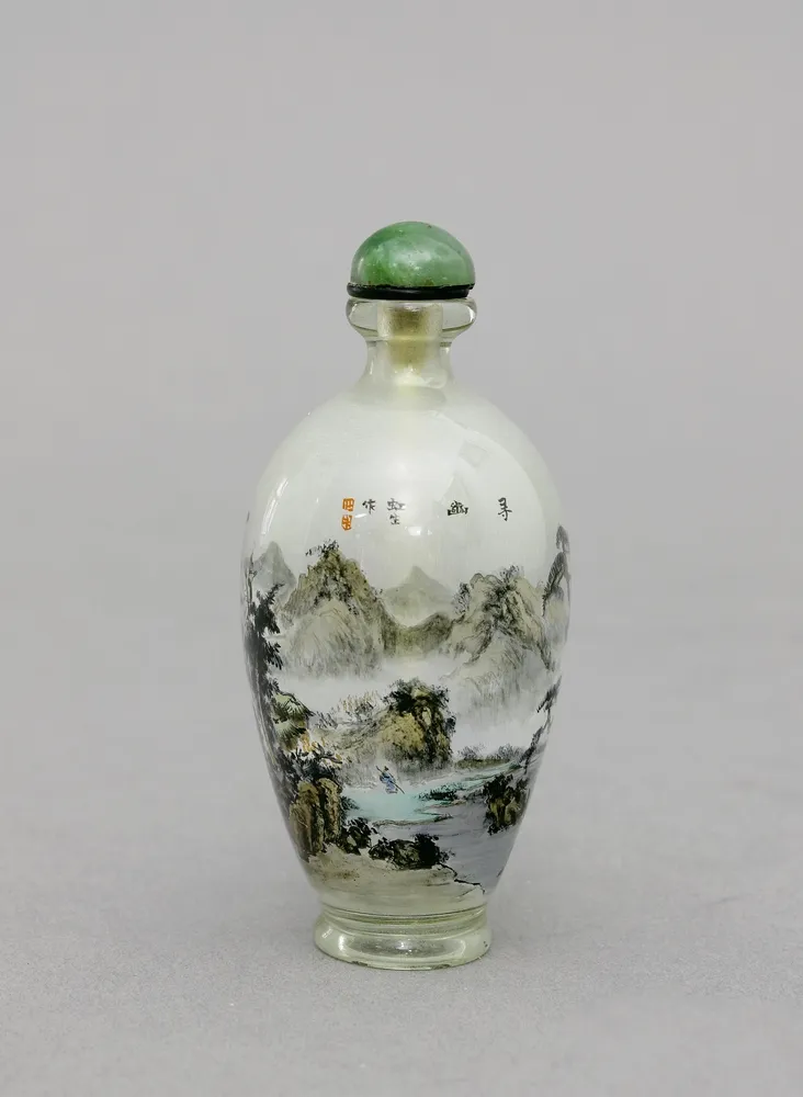 China, snuff bottle, mid-20th c., Hong Sheng, small colourless baluster glass bottle with fine coloured landscape inside painting and inscription