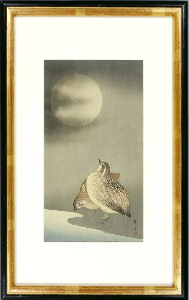 Japanese woodblock print, Koson Ohara (1877 Kanazawa - 1945 Tokyo), 2 pieces Two quails in full moon; Two flying sparrows