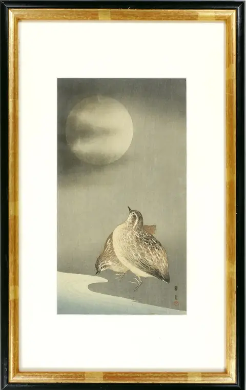 Japanse houtsnede, Koson Ohara (1877 Kanazawa - 1945 Tokio), 2 stuks Twee kwartels bij volle maan; Twee vliegende mussen