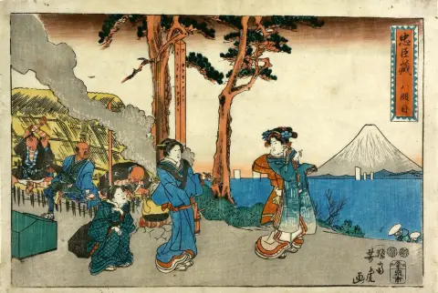 Estampe japonaise, Yoshitora, Utagawa (actif 1836 - 1882) – Femmes élégantes sur la rive, le Fuji en arrière-plan