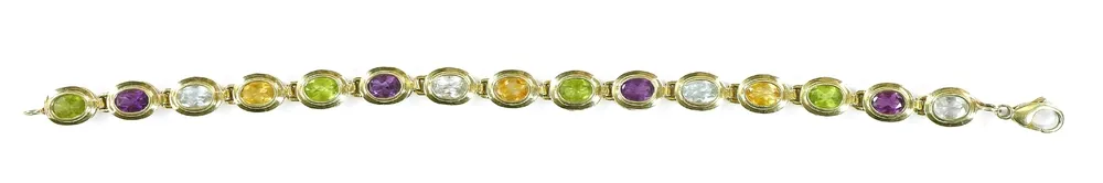 Armband, 585er GG., mit 15 verschiedenen Farbsteinen oval gefasst
