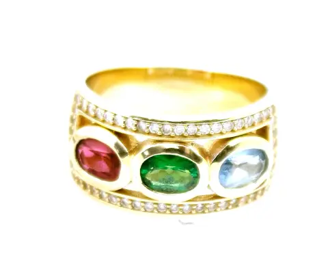 Bague, or jaune 585 avec trois pierres de couleur encadrées d'un rectangle avec diamants roses