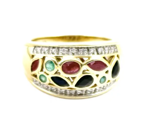 Bague, or jaune 585, avec de nombreuses petites pierres de couleur et diamants roses