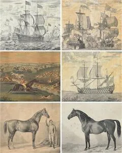 6 Lithographien mit Schiffen und Pferden
