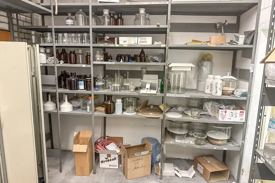 Shelf contents: laboratory supplies